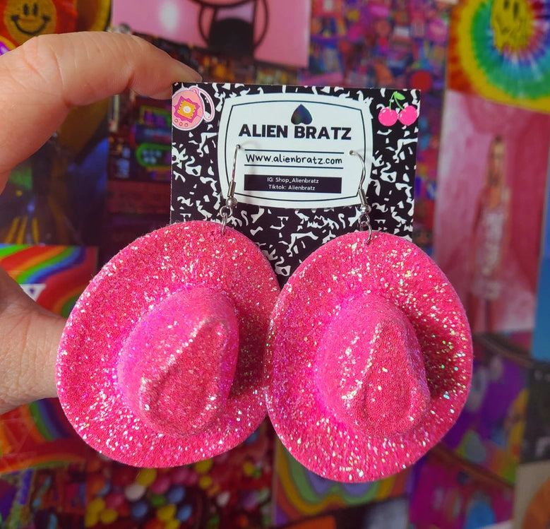 Glittery Hot Pink Cowboy Hat Earrings